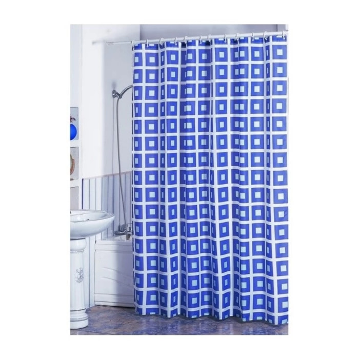 Rideau de douche Polyester 180x200cm Carrés Bleu & Blanc - Anneaux inclus MSV