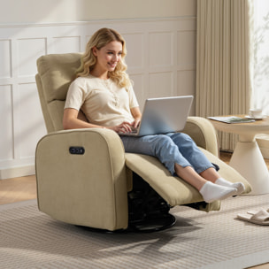 Sillón Relax Reclinable Eléctrico con Doble Motor, Sillón Reclinable de Chenilla Giratorio y Balancín con Reposacabezas Ajustable, Puertos USB y USB-C, Reposapiés, Botones Iluminados, Beige