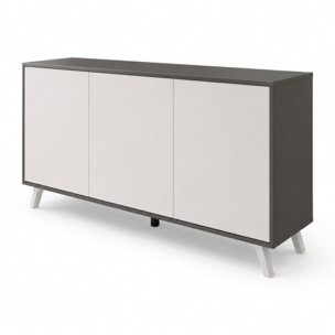Credenza Moderna Madia 3 Ante Senza Maniglie Design Minimal Con Piedini RialzatiPer Soggiorno Ingresso 154 x 72 x 40 Cm Bianco e Grigio Cemento