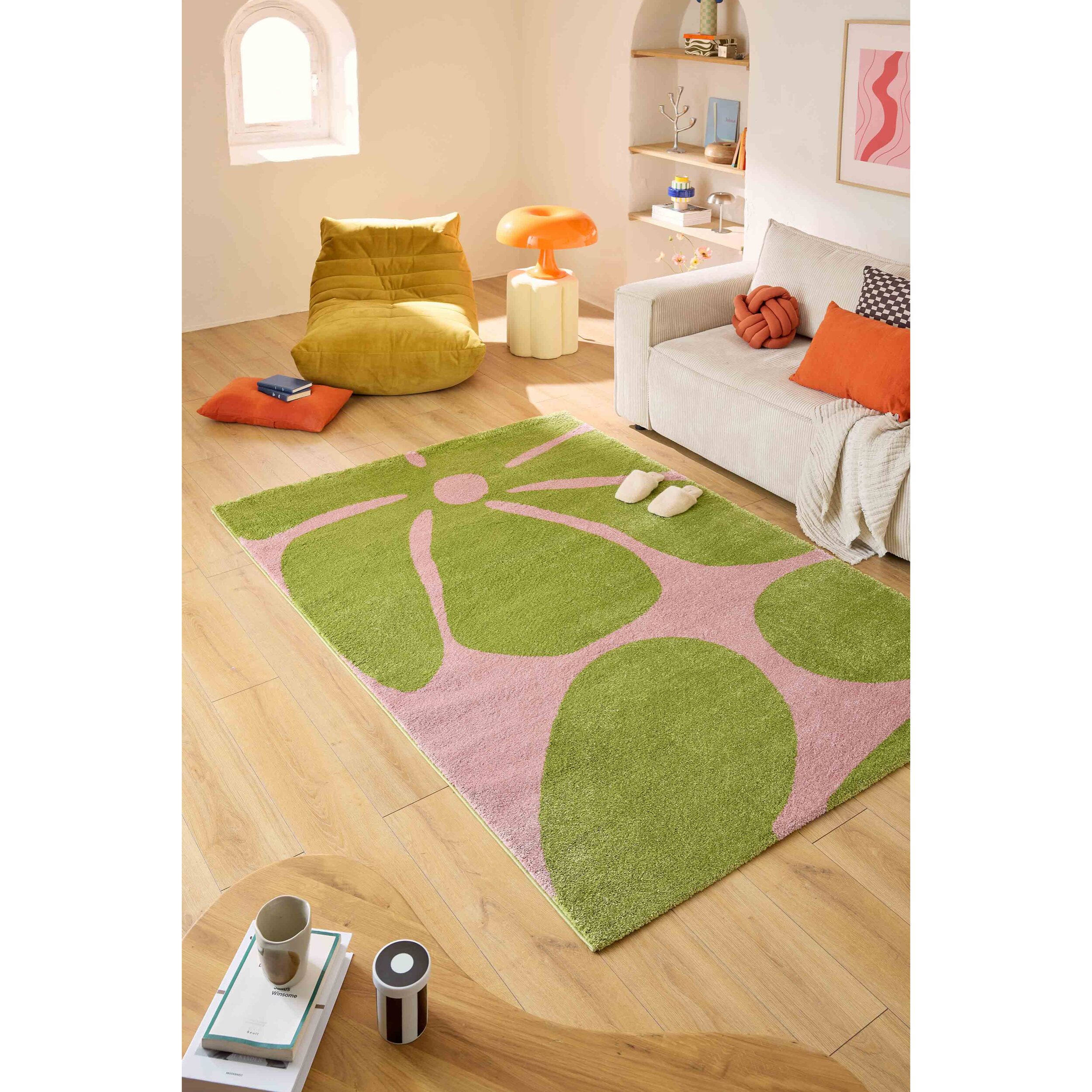 GROOVY - Tapis rétro coloré à motif fleur - Confortable et moelleux - Vert