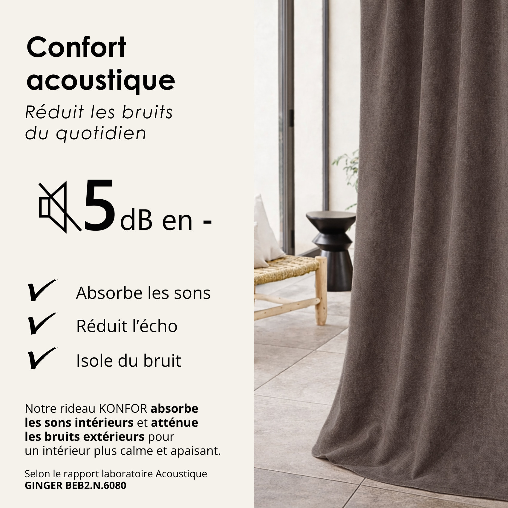 Rideau thermique phonique et semi occultant à galons fronceurs KONFOR - Taupe