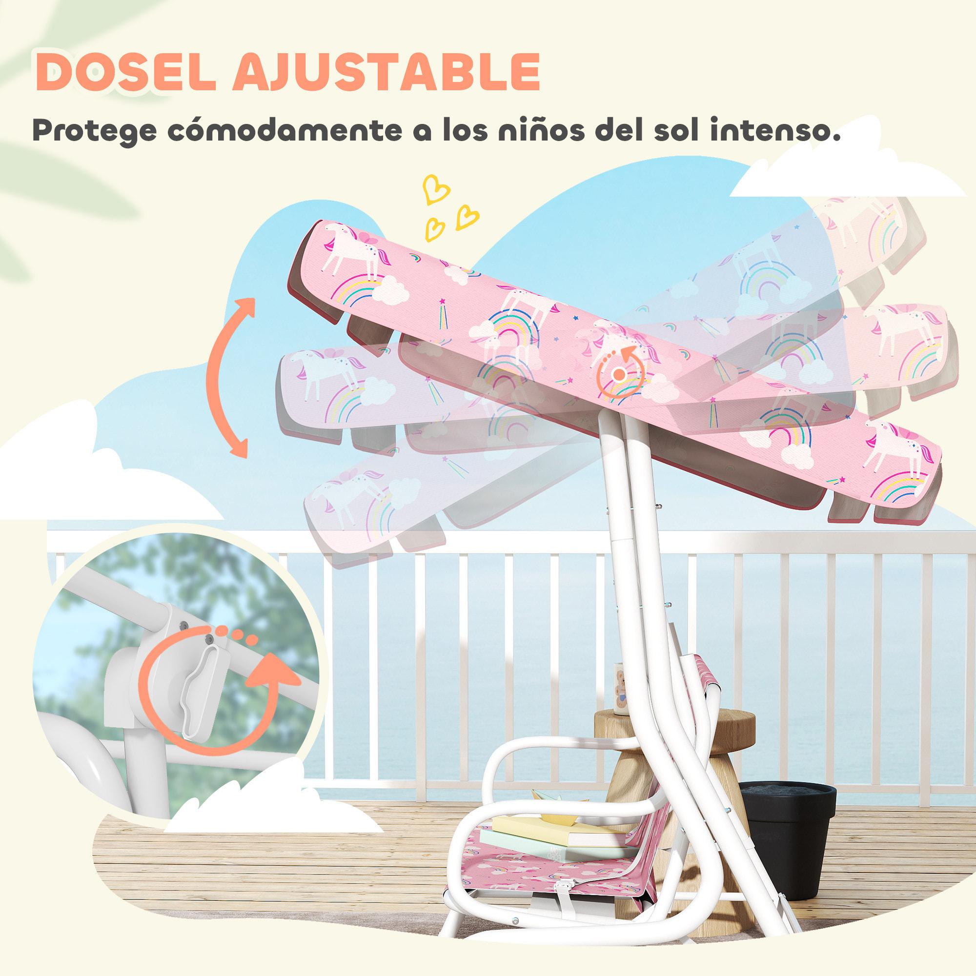 Columpio de Jardín Exterior para Niños de 2 Plazas, Balancín de Jardín, Toldo Ajustable, con Cinturones de Seguridad, Diseño de Unicornio y Arcoíris, para Interior, Patio, 112x75x120 cm, Rosa