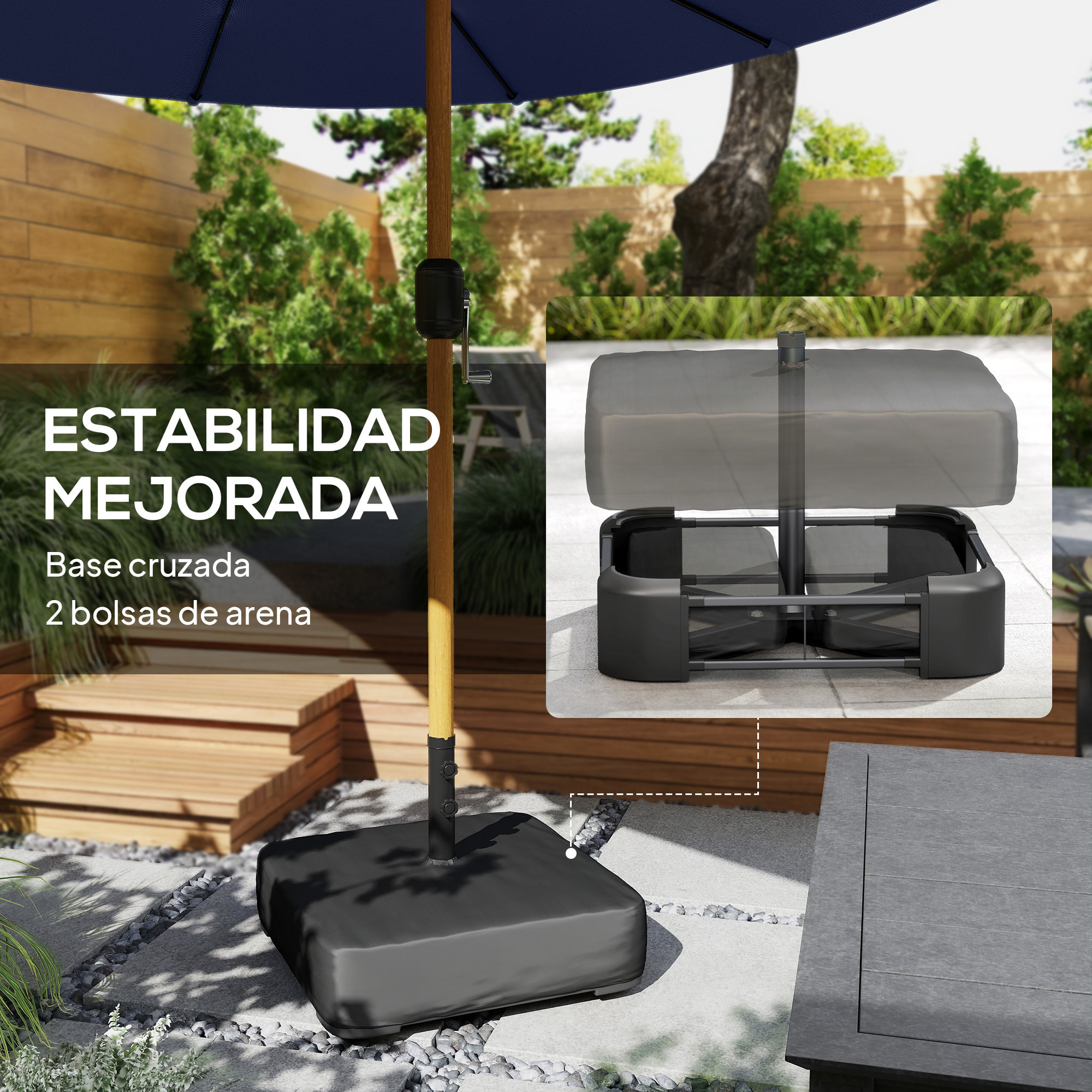 Sombrilla Doble 4,7x2,8 m, Sombrilla Terraza Exterior con Base Incluida, Manivela Manual, Sacos de Arena y Funda, Anti-UV, Resistente al Agua, Parasol para Jardín, Terraza, Patio, Azul Oscuro