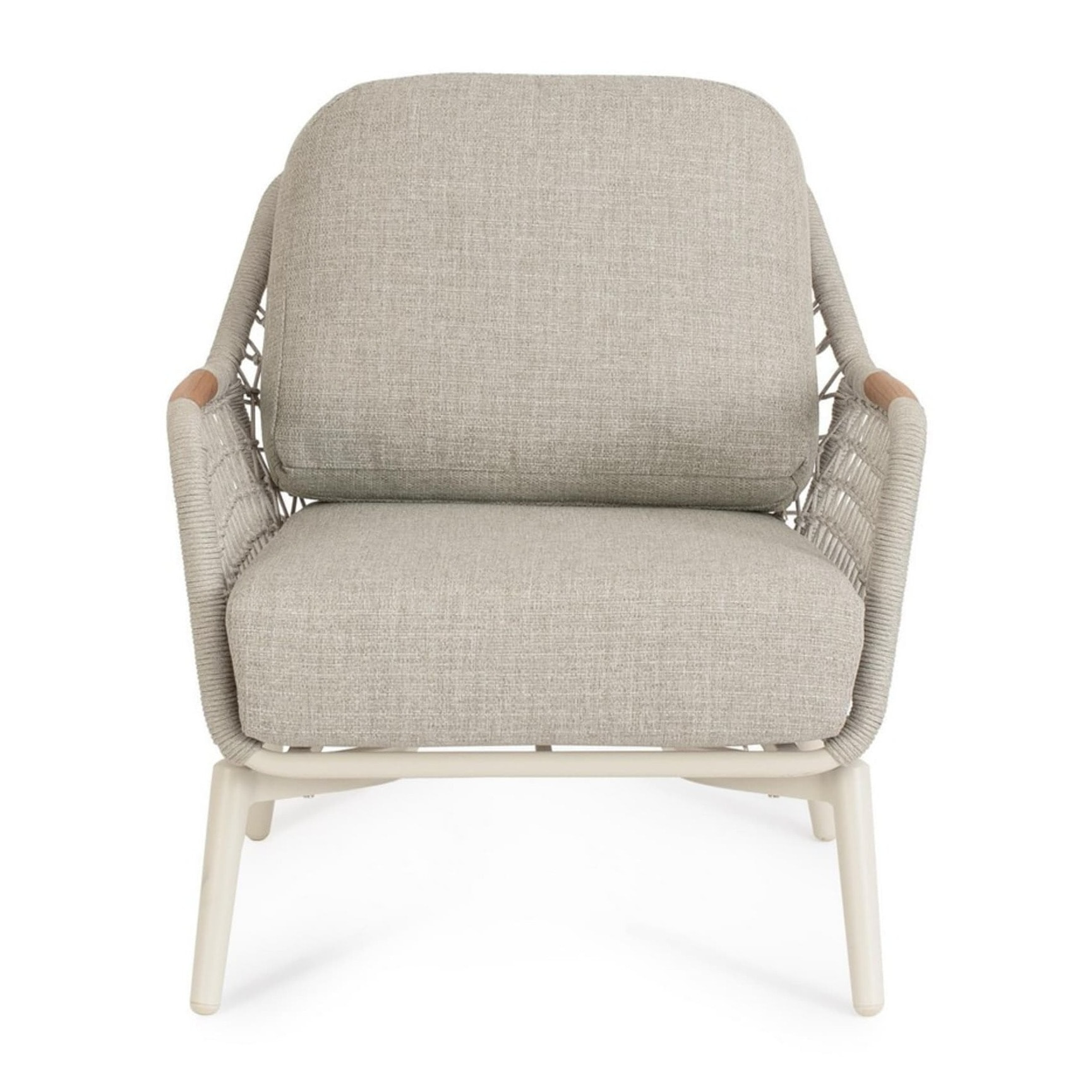 Poltrona da giardino SEVILLA con intreccio in corda, cuscini beige e struttura in alluminio beige