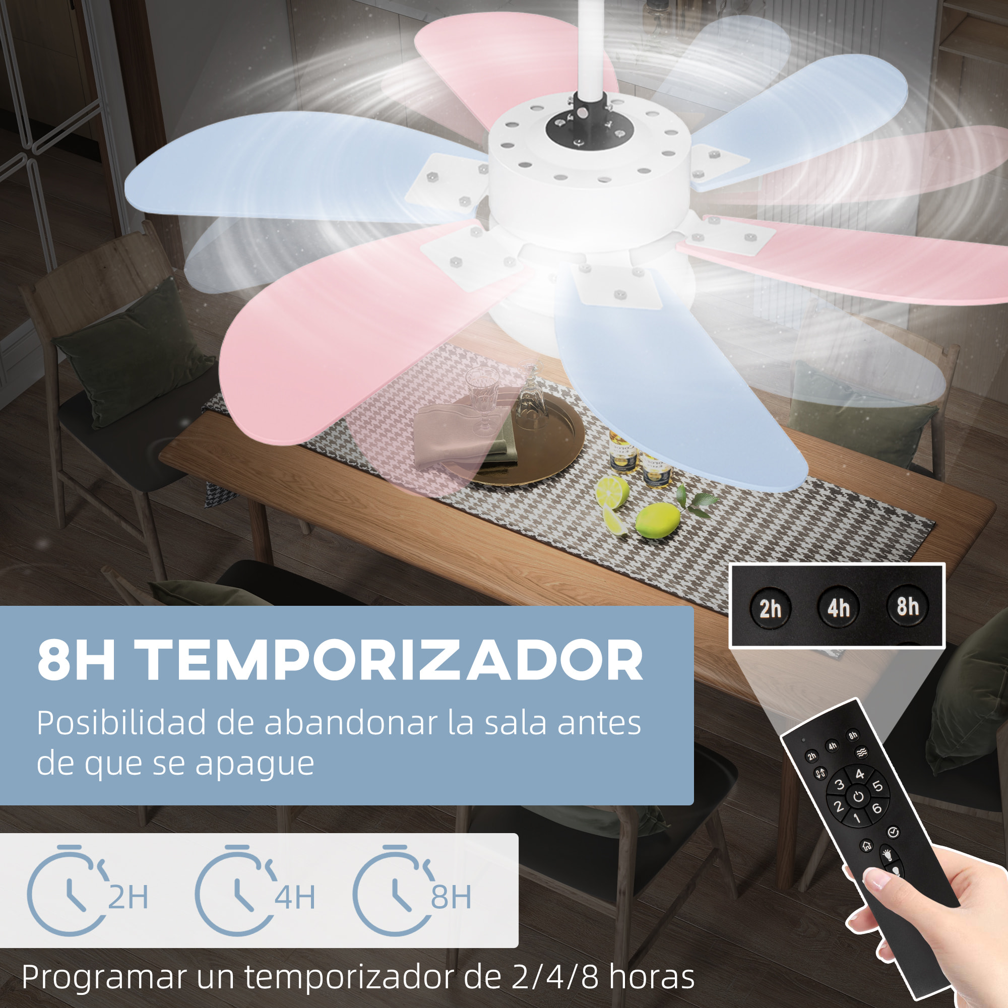 Ventilador de Techo con Luz 34W Ø82,5 cm Motor DC Ventilador de Techo Silencioso con 6 Aspas Reversibles Mando a Distancia 6 Velocidades y Temporizador para Dormitorio Salón Multicolor