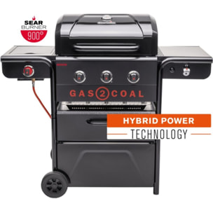 Barbecue gaz CHAR BROIL Gas2Coal 2.0 Special Edition,sur chariot, 4 brûleurs dont 1 latéral, surface de cuisson 64 x 45 cm