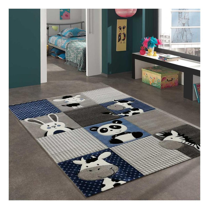 Tapis enfant, tête d'animaux bleu, gris, noir