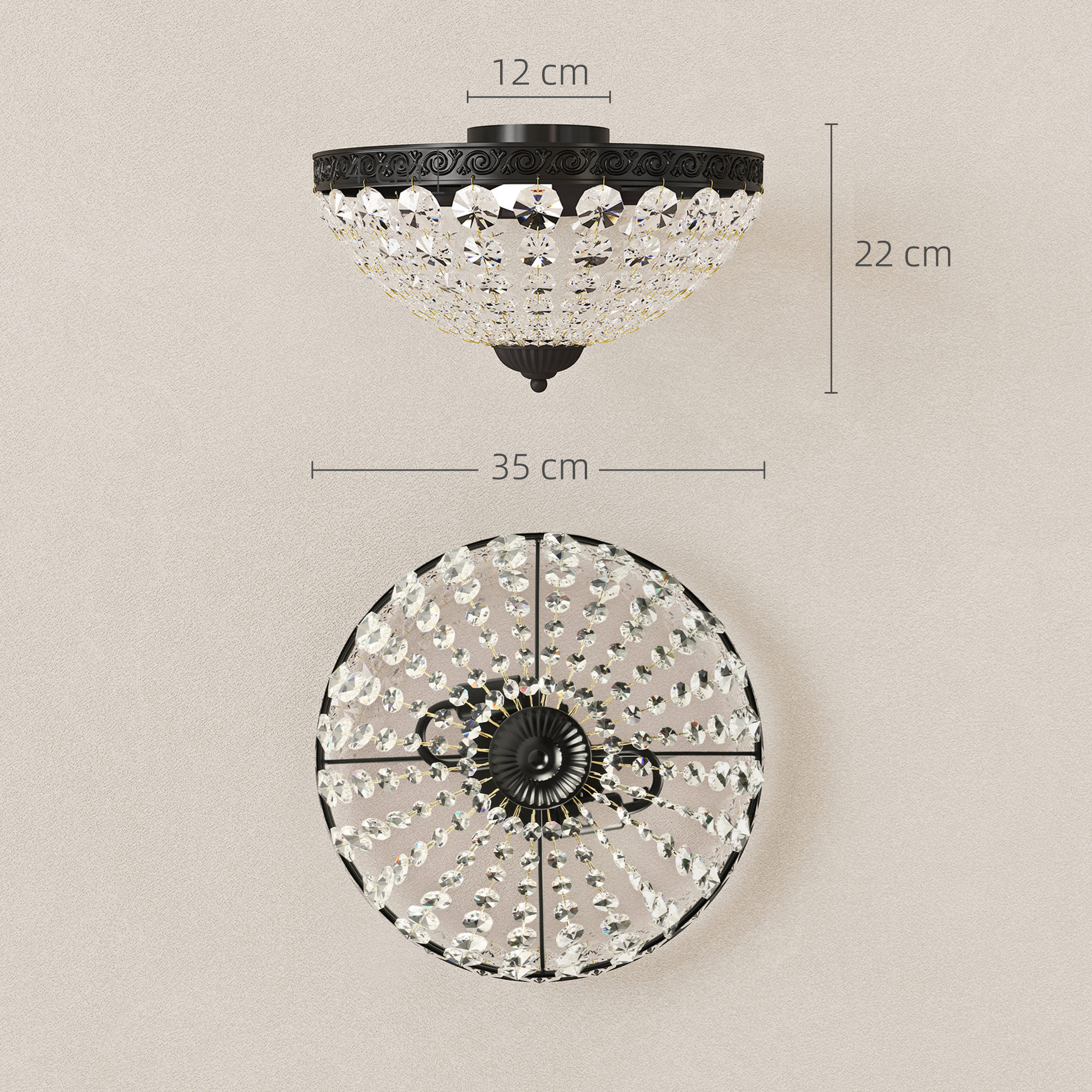 Lámpara de Techo de Cristal Clásica con 2 Casquillos E14, 40W, Plafón de Techo Vintage con 168 Cuentas de Cristal para Dormitorio, Salón, Cocina y Comedor, Negro