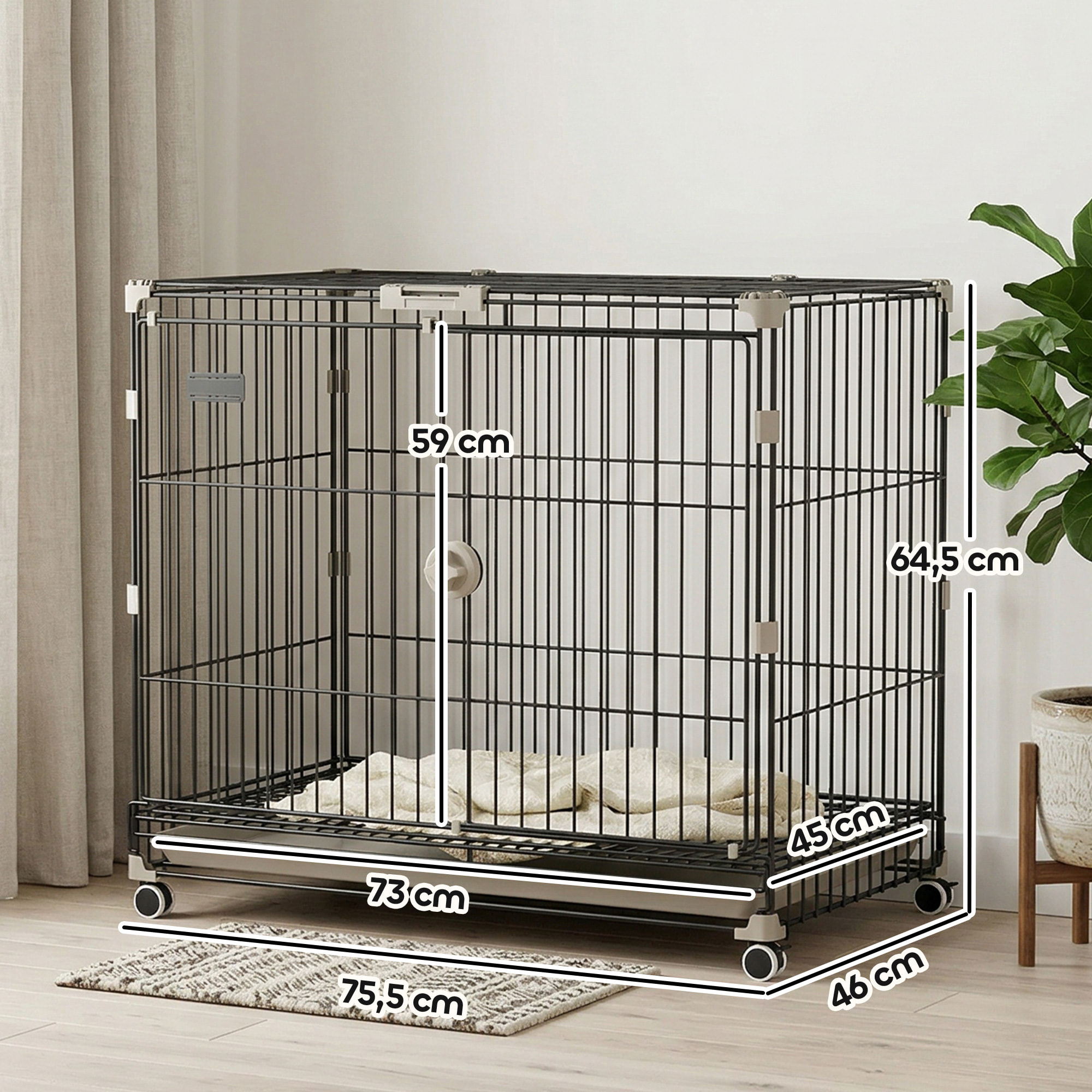 Cage pour Chien Pliable, Plateau Amovible, Roues avec Freins, Toit Ouvrant Verrouillable, Porte de Nourrissage, Niche Chien Interieur pour Petits et Moyens Chiens, 75,5x46x64,5cm, Noir