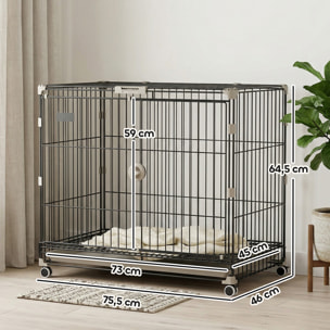 Cage pour Chien Pliable, Plateau Amovible, Roues avec Freins, Toit Ouvrant Verrouillable, Porte de Nourrissage, Niche Chien Interieur pour Petits et Moyens Chiens, 75,5x46x64,5cm, Noir