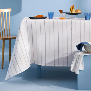 Nappe pur coton lavé motif jacquard blanc bleu Rimini blu