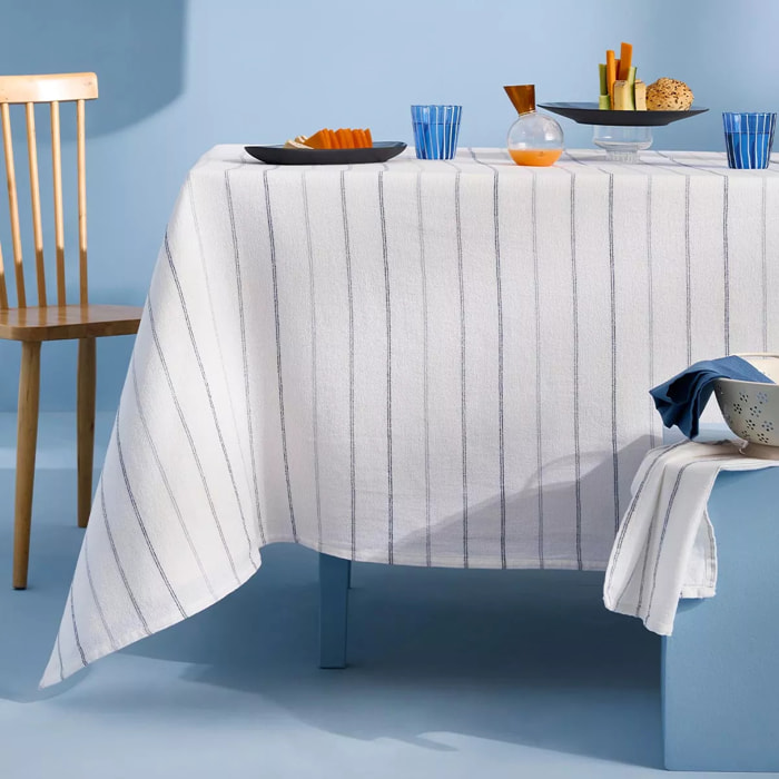 Nappe pur coton lavé motif jacquard blanc bleu Rimini blu