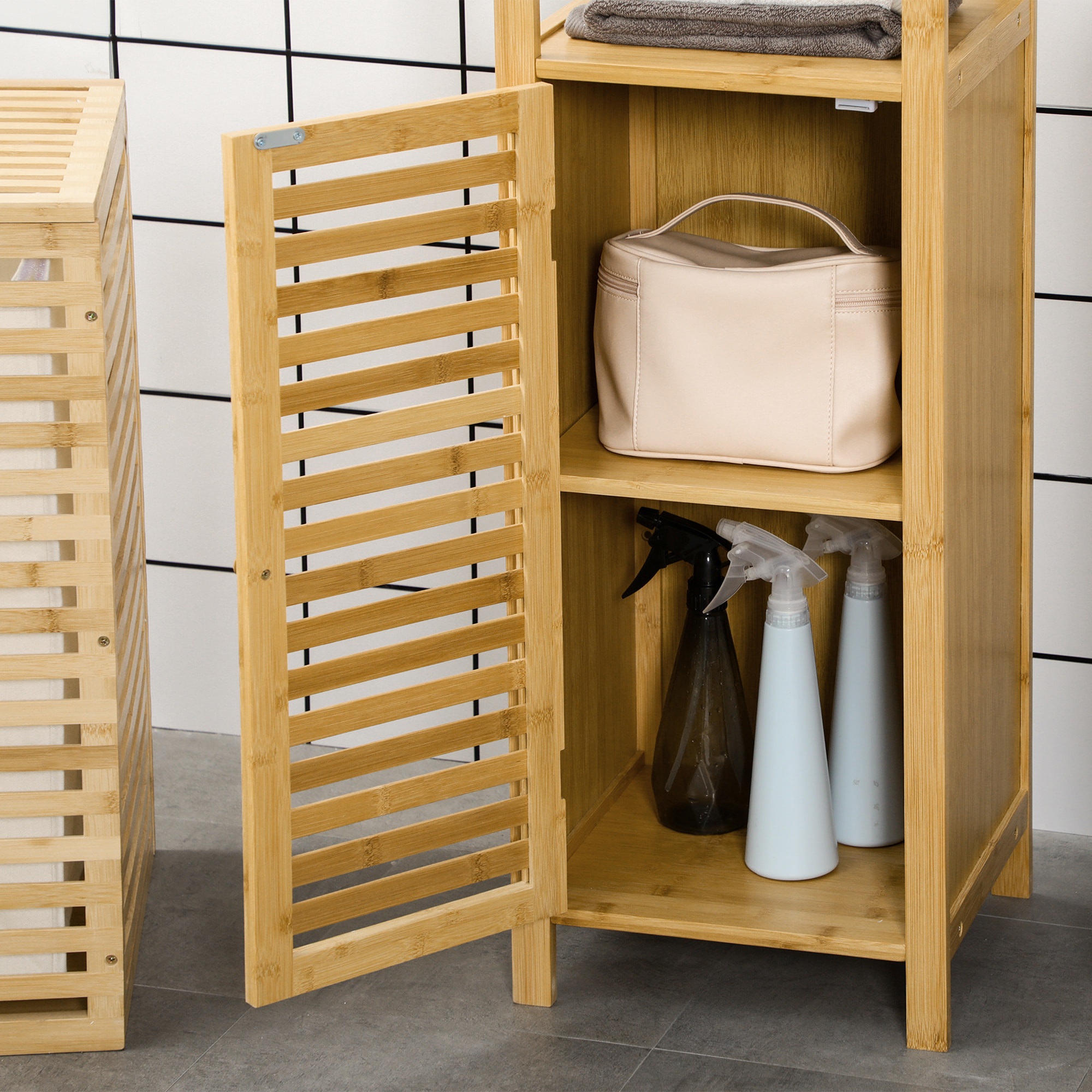 Colonne salle de bain en bambou H.120 cm - porte à lattes, 3 étagères - bambou verni