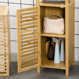 Colonne salle de bain en bambou H.120 cm - porte à lattes, 3 étagères - bambou verni
