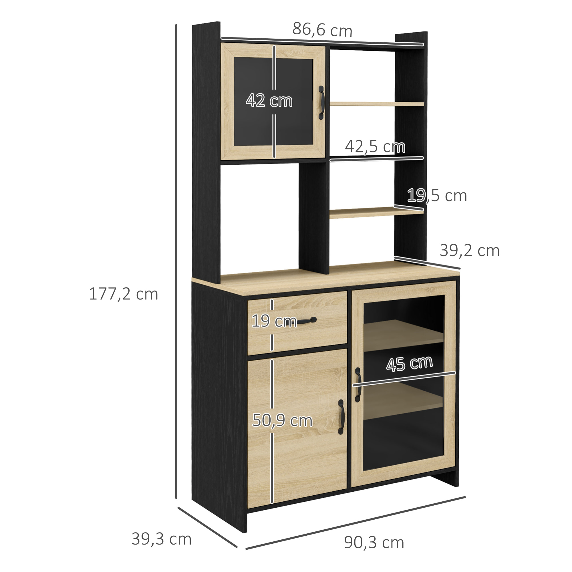 Buffet haut multi-rangement 3 portes 3 étagères tiroir 5 niches bicolore aspect chêne clair noir