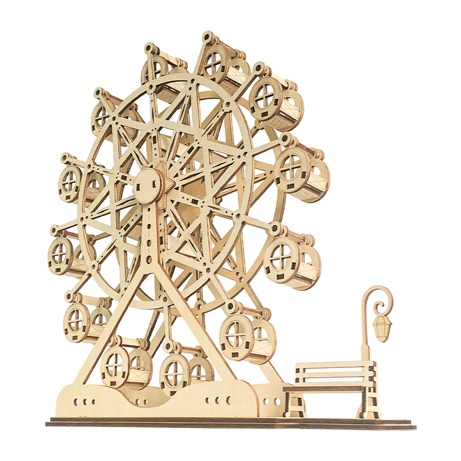 Maqueta de Madera 3D, con movimiento mecánico diseño de Noria. 93 piezas.