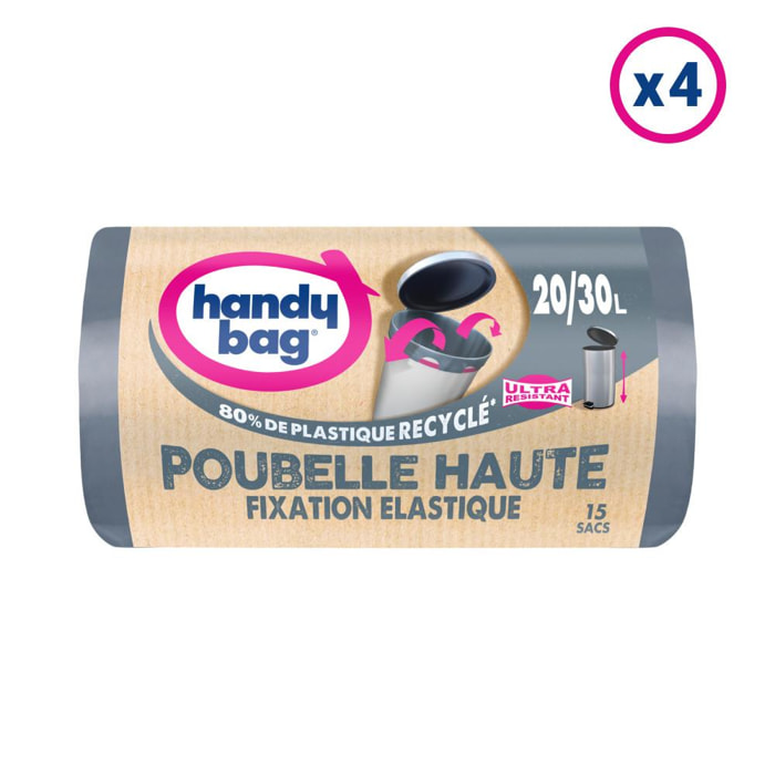 4x15 Sacs Poubelle 20/30L à Fixation Elastique pour Poubelles Hautes Handy-Bag - 80% de plastique recyclé
