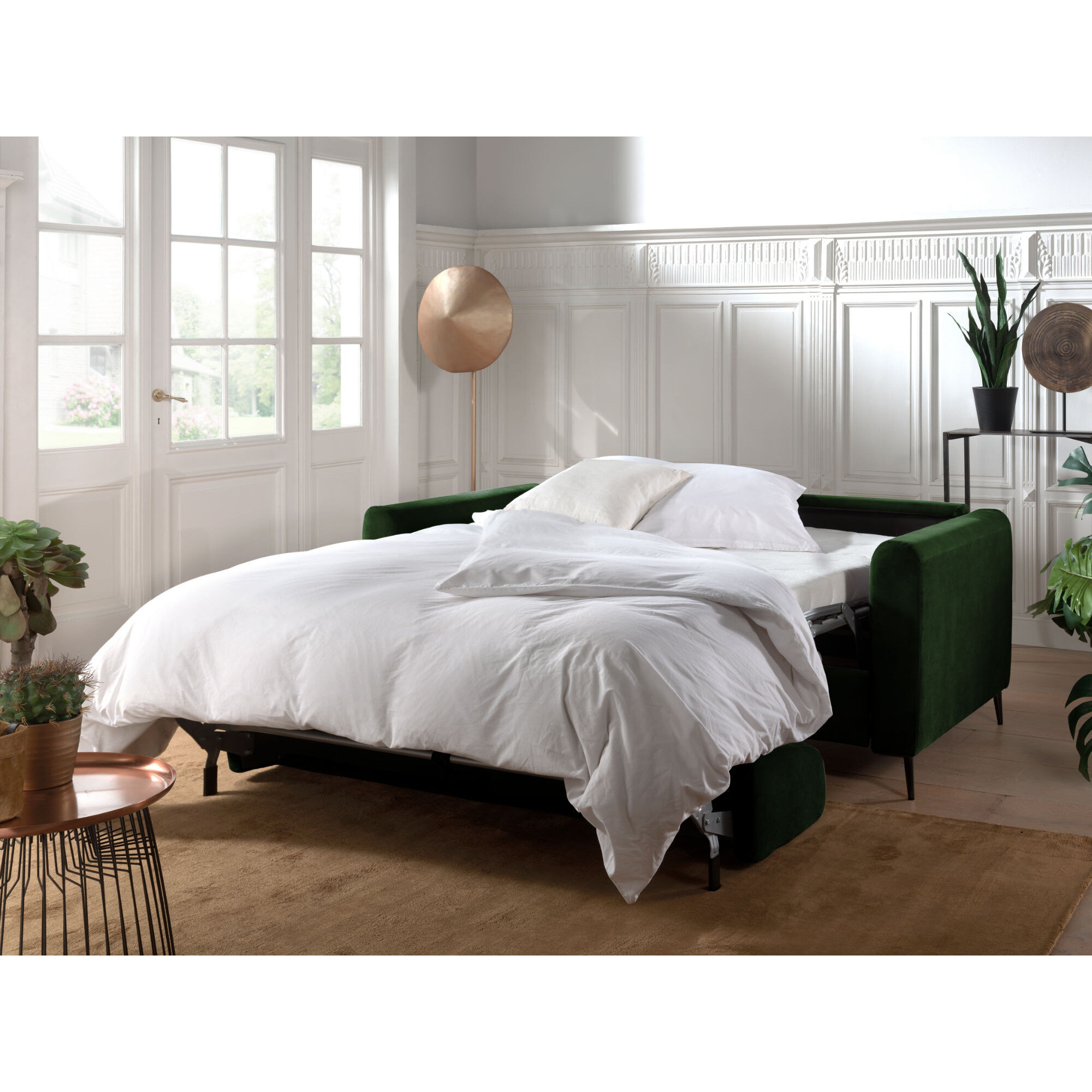 Owen - canapé 3 places convertible express couchage quotidien 140 cm matelas 12 cm en velours - Vert