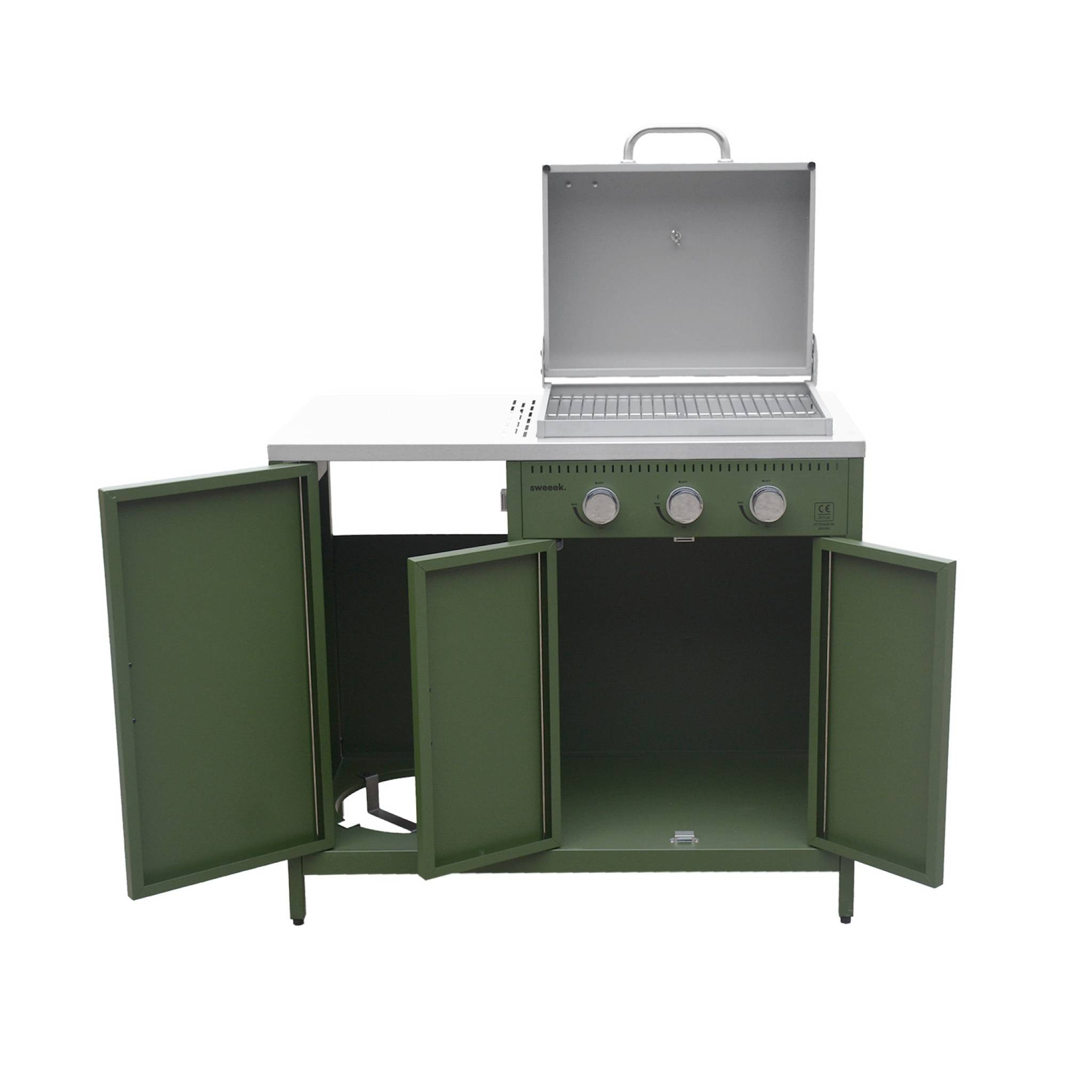 Barbecue gaz 3 brûleurs. vert. 3 portes et 2 espaces de rangement