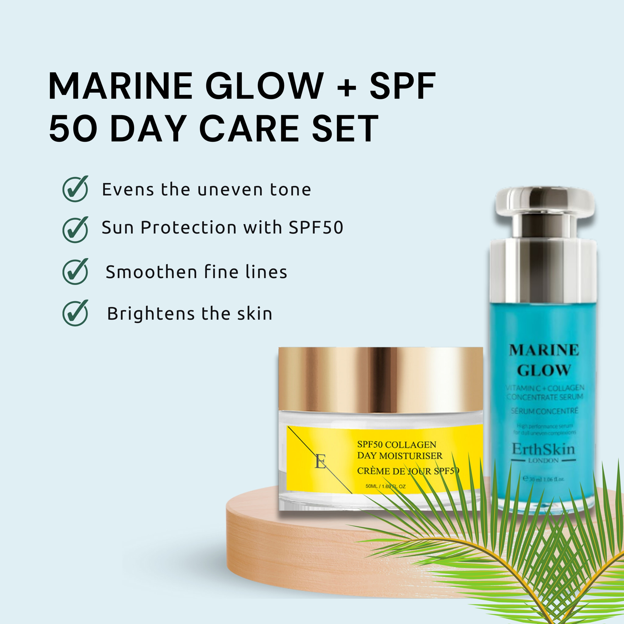 Suero concentrado de colágeno y vitamina C Marine Glow de 30 ml + crema de día con colágeno FPS 50 de 50 ml