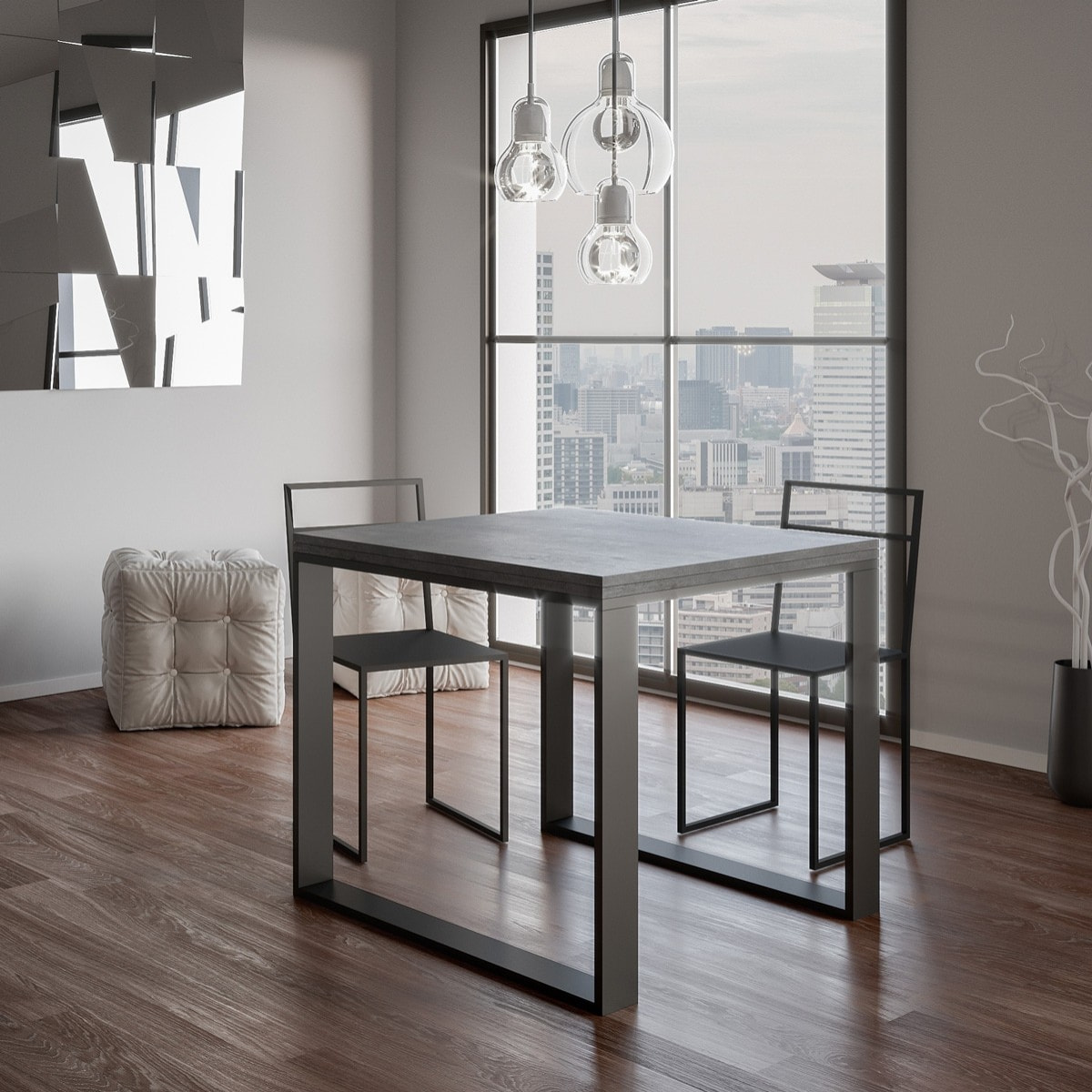 Table extensible portefeuille 90x90/180 cm Tecno Libra Gris Béton cadre Anthracite