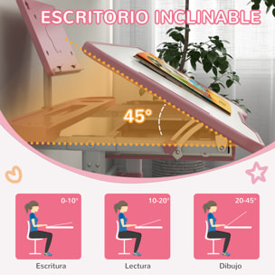 ZONEKIZ Juego de Escritorio y Silla para Niños de 6-12 Años Pupitre Infantil Altura Ajustable con 1 Cajón 1 Estante para Libros y Ángulo de Mesa Ajustable 80x49,5x82-104 cm Rosa y Blanco