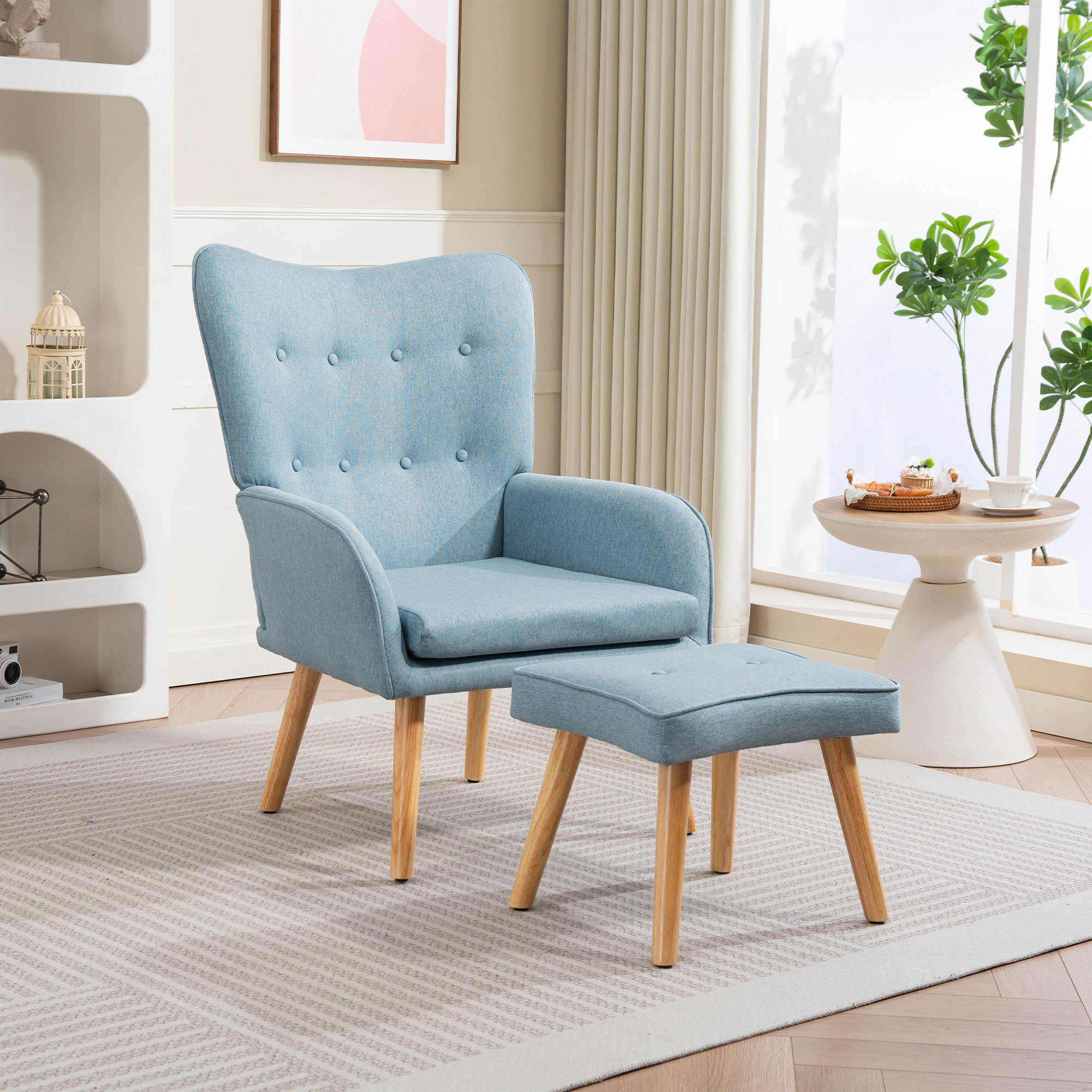 Sillón con Reposapiés Sillón Lectura con Respaldo Alto Capitoné Patas de Madera y Tapizado en Lino Butaca para Salón Dormitorio Oficina Azul Claro