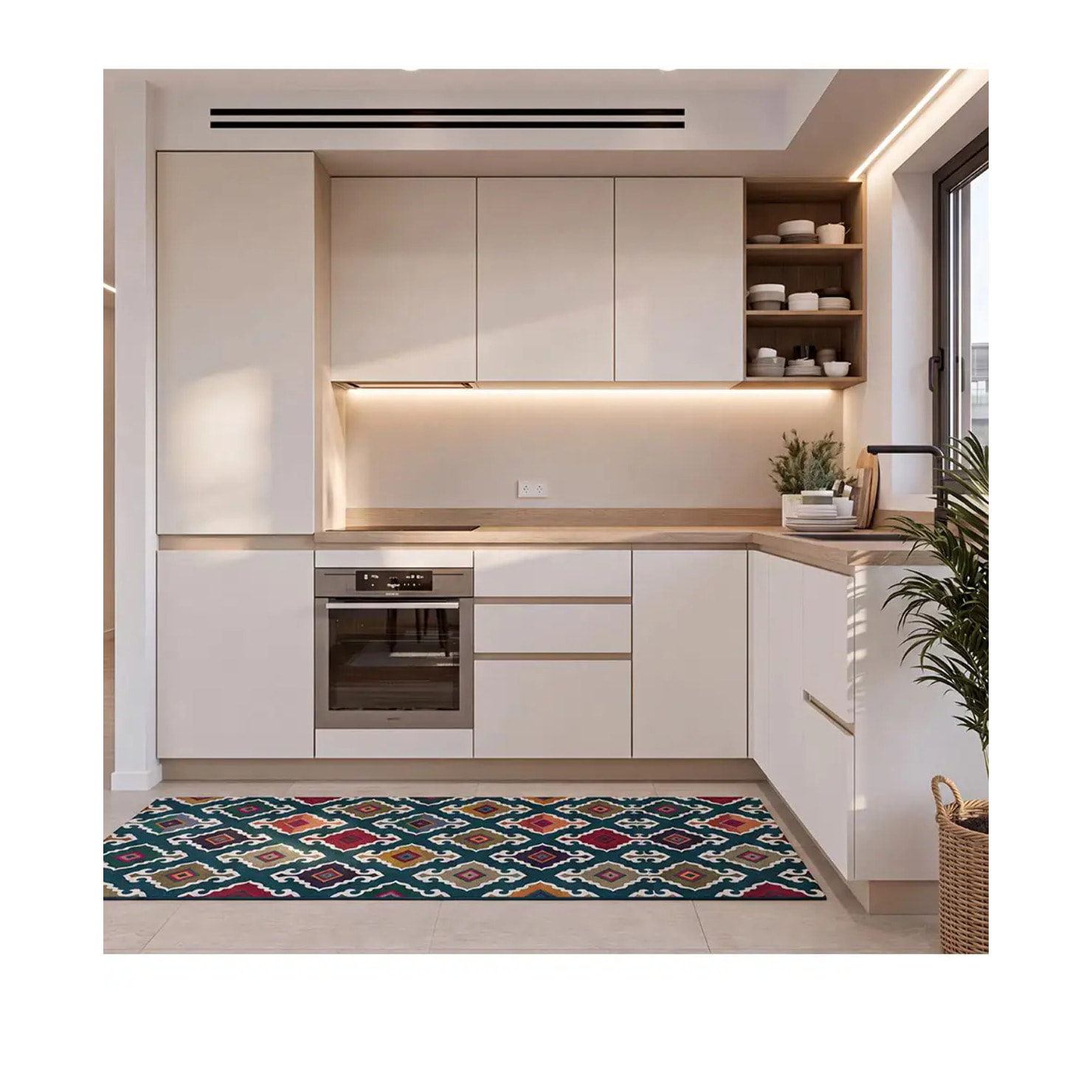 RICCI Alfombra vinílica de cocina dibujos étnicos en verde, varias medidas disponibles.