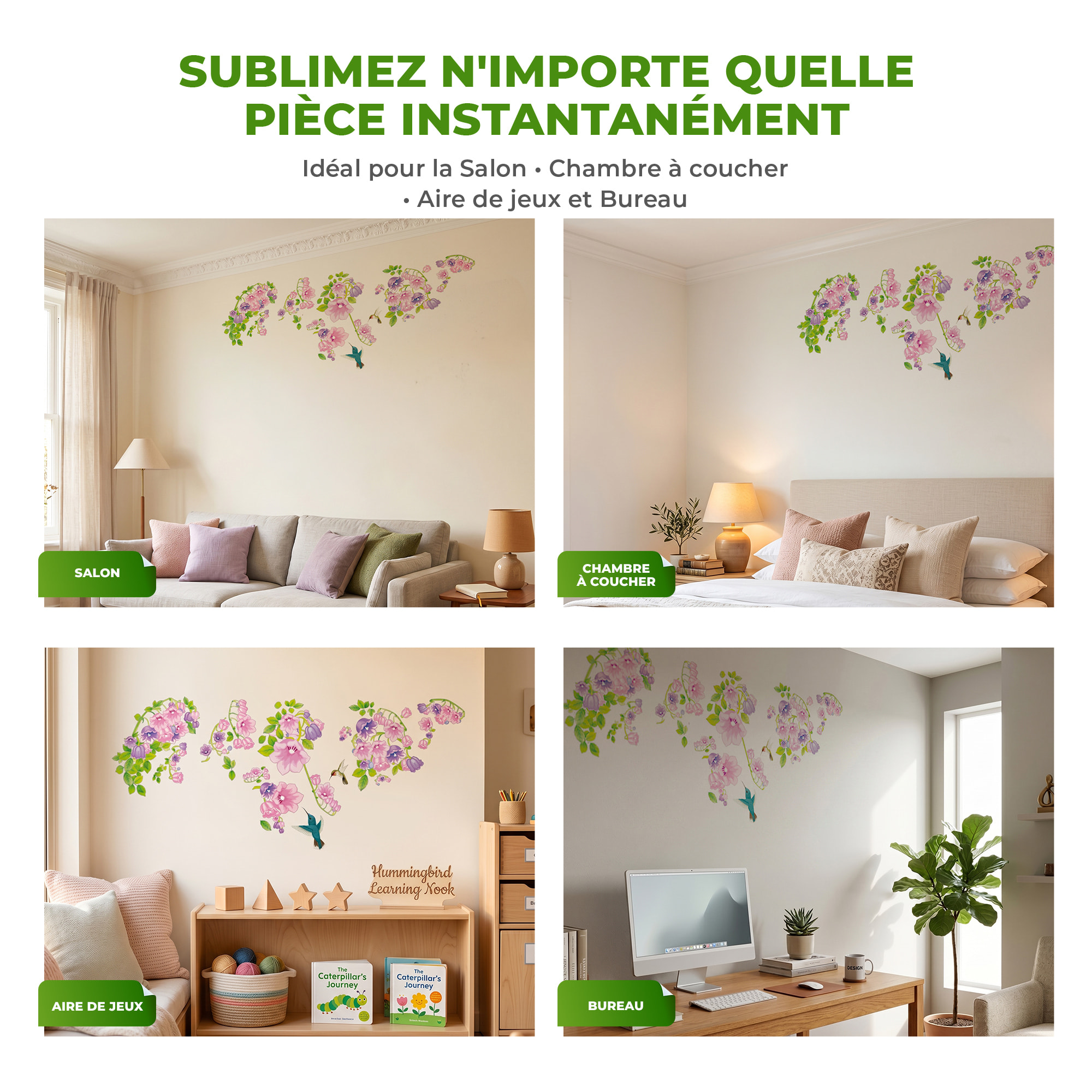 Stickers Muraux décoration adhésifs oiseaux et fleurs violettes