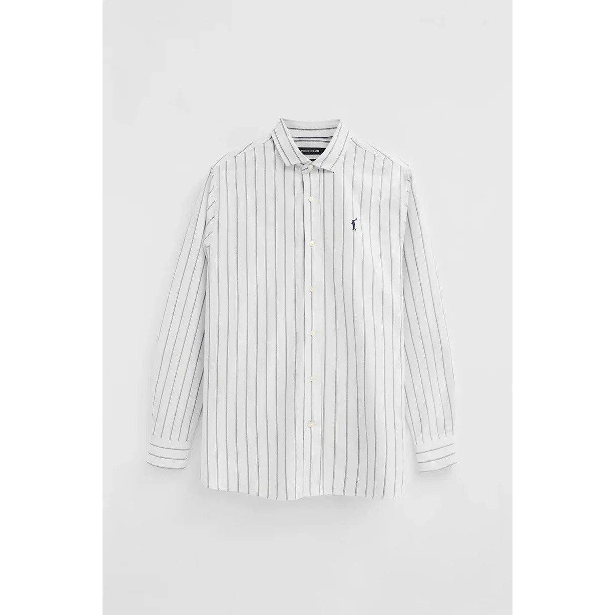 Camicia a righe ecrù e blu marino con collo italiano, regular fit con ricamo Rigby Go