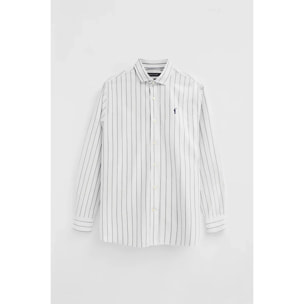 Camicia a righe ecrù e blu marino con collo italiano, regular fit con ricamo Rigby Go