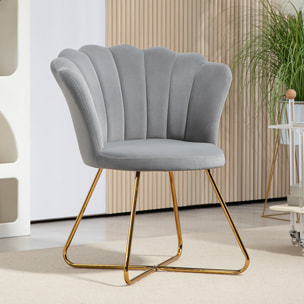 Fauteuil design coquillage piètement acier doré velours gris