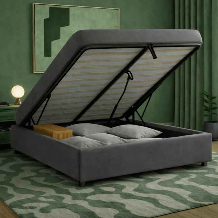 Lit coffre Cancun | Espace de Stockage jusqu'à 900 L | Robuste et Large Angle d’Ouverture | Tissu | Gris Foncé