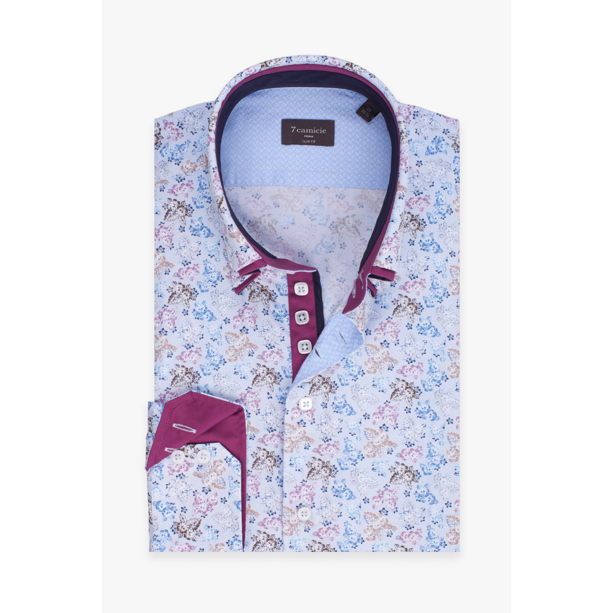 Camicia Uomo 2 Bottoni Button Down 7bottoni Doppio Coll Popeline Stampato Bianco Blu Avion