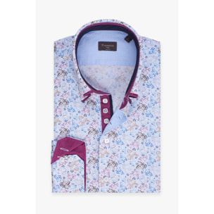 Camicia Uomo 2 Bottoni Button Down 7bottoni Doppio Coll Popeline Stampato Bianco Blu Avion