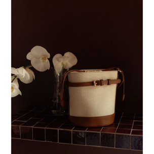 Bolso cubo cuero y beige con cinturón y hebilla