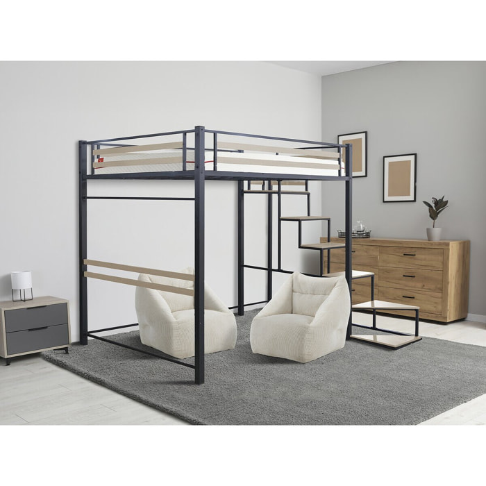 Lit mezzanine en métal avec escalier "LENA" - 140 x 190 cm - Noir