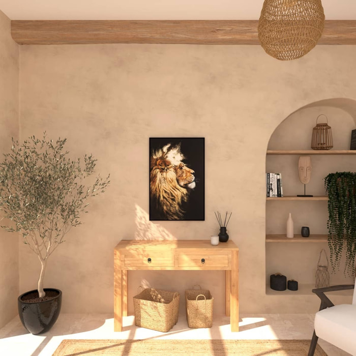 Toile imprimée encadrée "Lion" - bois - 60x90 cm