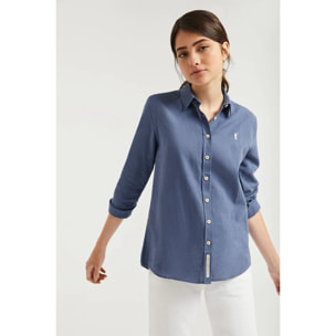 Camicia blu denim in lino-cotone con particolare ricamato Rigby Go