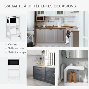 Tour d'apprentissage tableau à craie tabouret bureau 3 en 1 - marches antidérapantes, barreau, hauts rebords de sécurité - MDF gris noir
