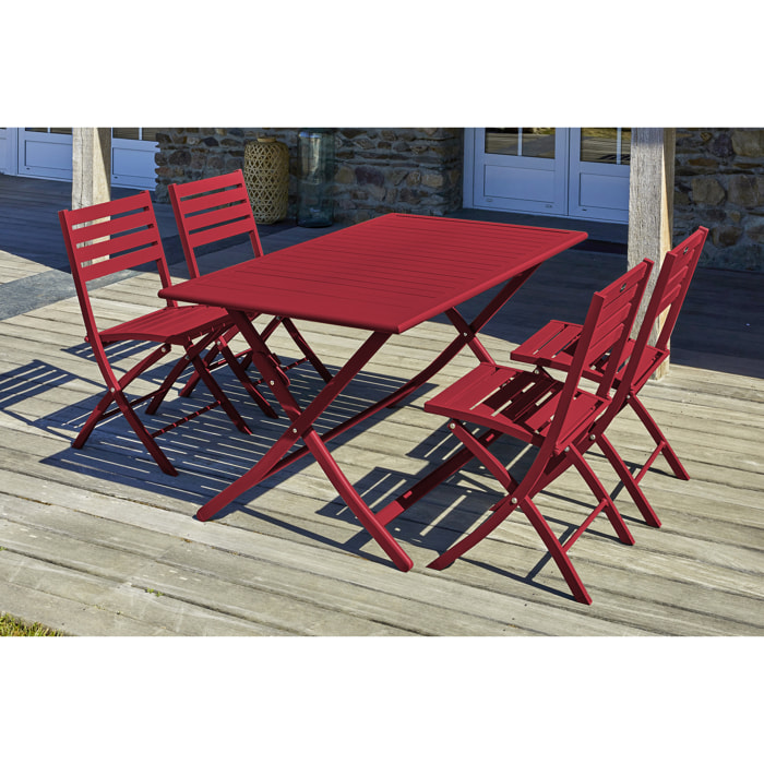 MARIUS - Ensemble repas de jardin 4 places en aluminium rouge carmin