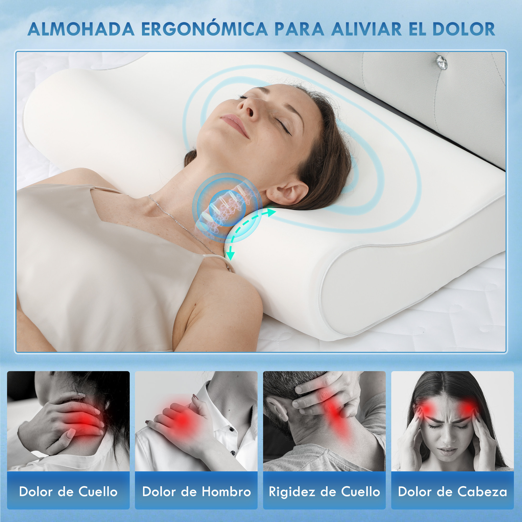 Almohada Cervicales y Cuello de Espuma Viscoelástica, Almohada Ortopedica con Diseño Ergonómico, Doble Altura, Funda Extraíble y Lavable, para Soporte de Cuello, Dormir de Lado y Boca Arriba