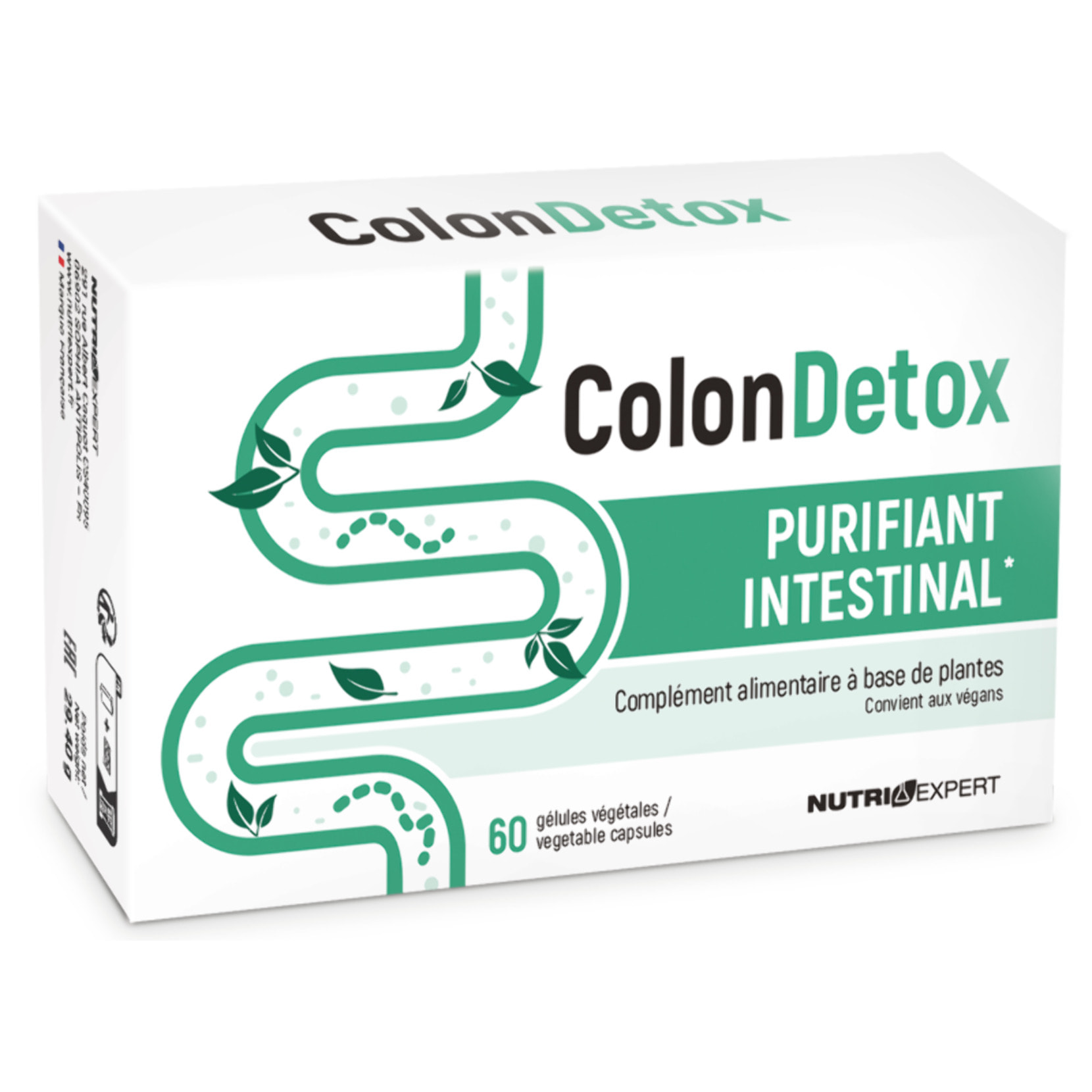 NUTRI EXPERT - Colon Detox - Complément alimentaire à base de plantes - Purifie et détoxifie le côlon - Sans ingrédients d'origine animale - Vegan - Fabriqué en France - 60 gélules