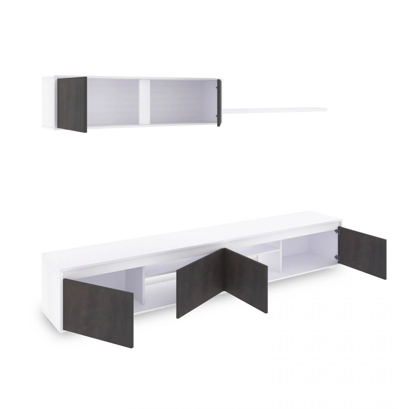 Salón con mueble de TV y estantería en blanco mate y óxido 200 cm Arlet Blanco Artik (Blanco Mate) - Óxido