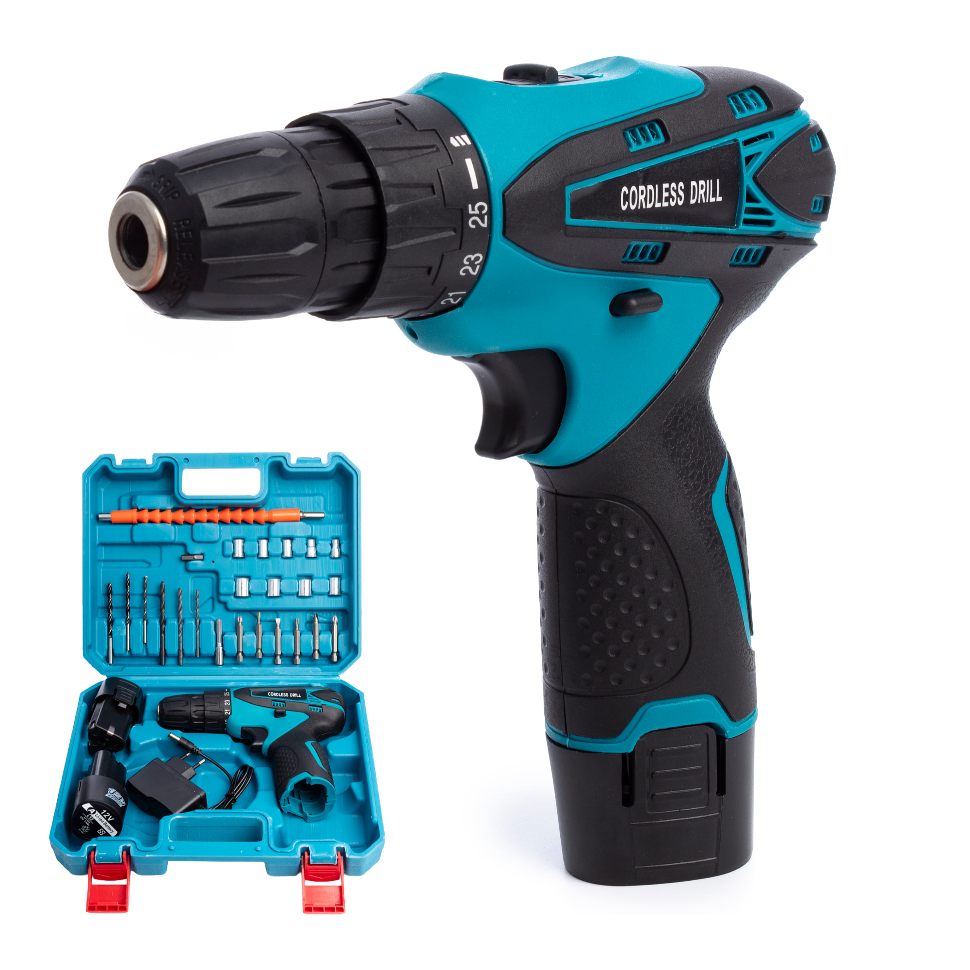 Taladro eléctrico inalámbrico 12V con doble velocidad, maletín de transporte y 24 accesorios. DOBLE BATERIA 2600mah.