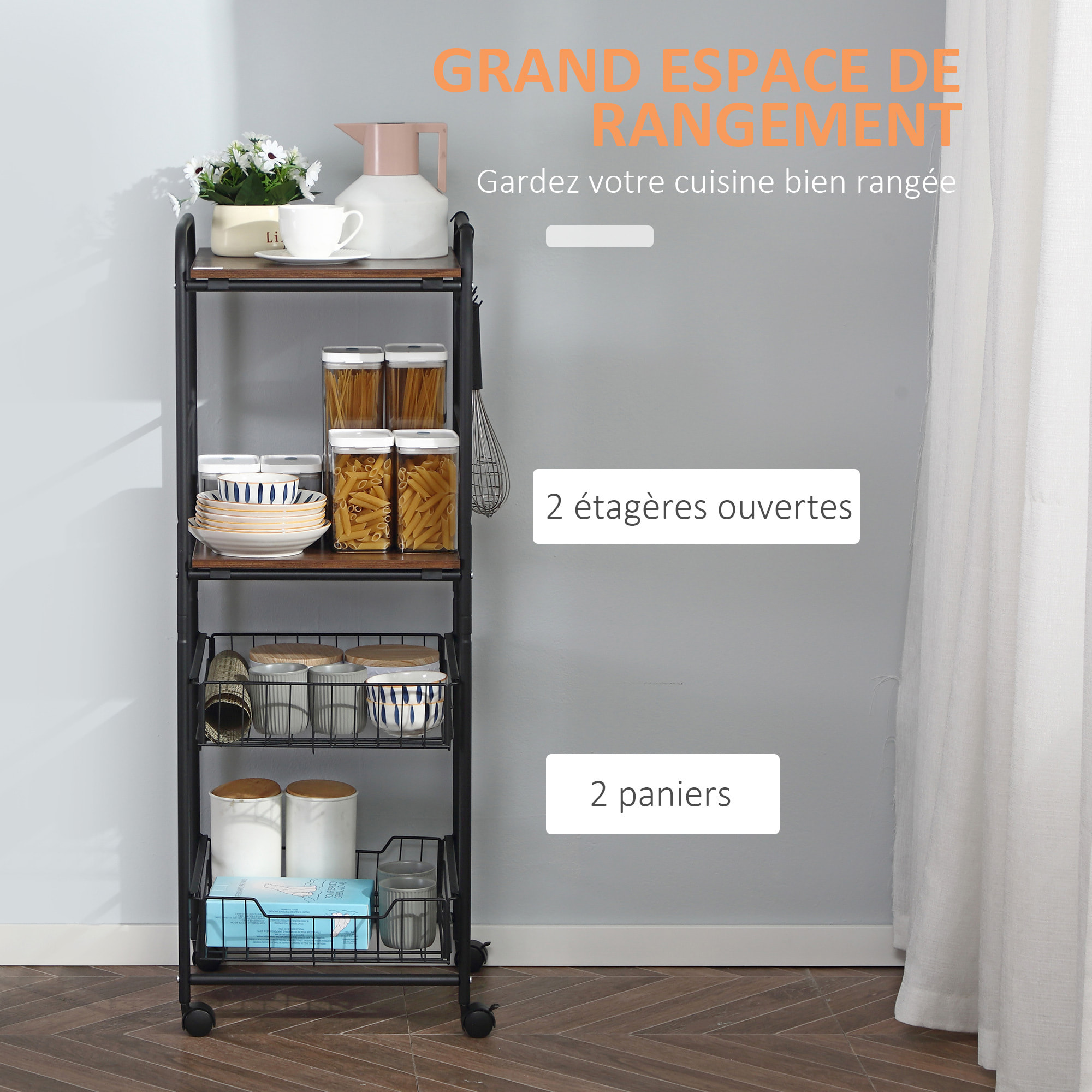 Desserte cuisine style industriel 4 niveaux - 2 paniers amovibles, 2 étagères, 4 crochets - métal noir effet noyer