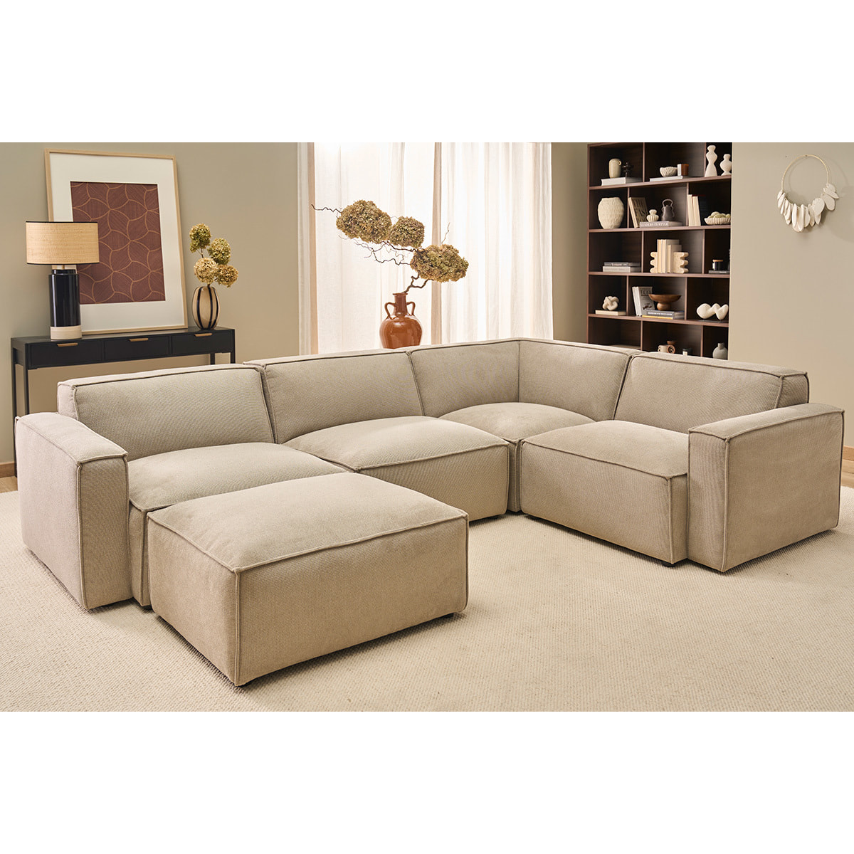 Canapé d'angle modulable 5 places et pouf en tissu effet velours texturé beige SPLIT