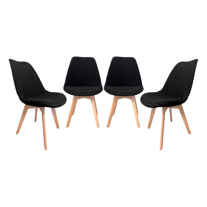 Lot de 4 chaises scandinaves revêtement velours côtelé noir. pieds bois de hêtre - Nils