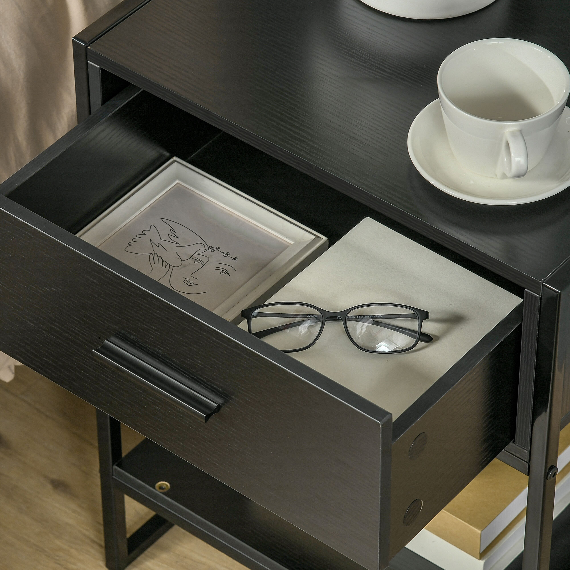 Mesita de Noche Mesa Auxiliar con Cajón y Estante de Almacenamiento para Dormitorio Salón Cama Oficina Estilo Moderno 45x40x60 cm Negro