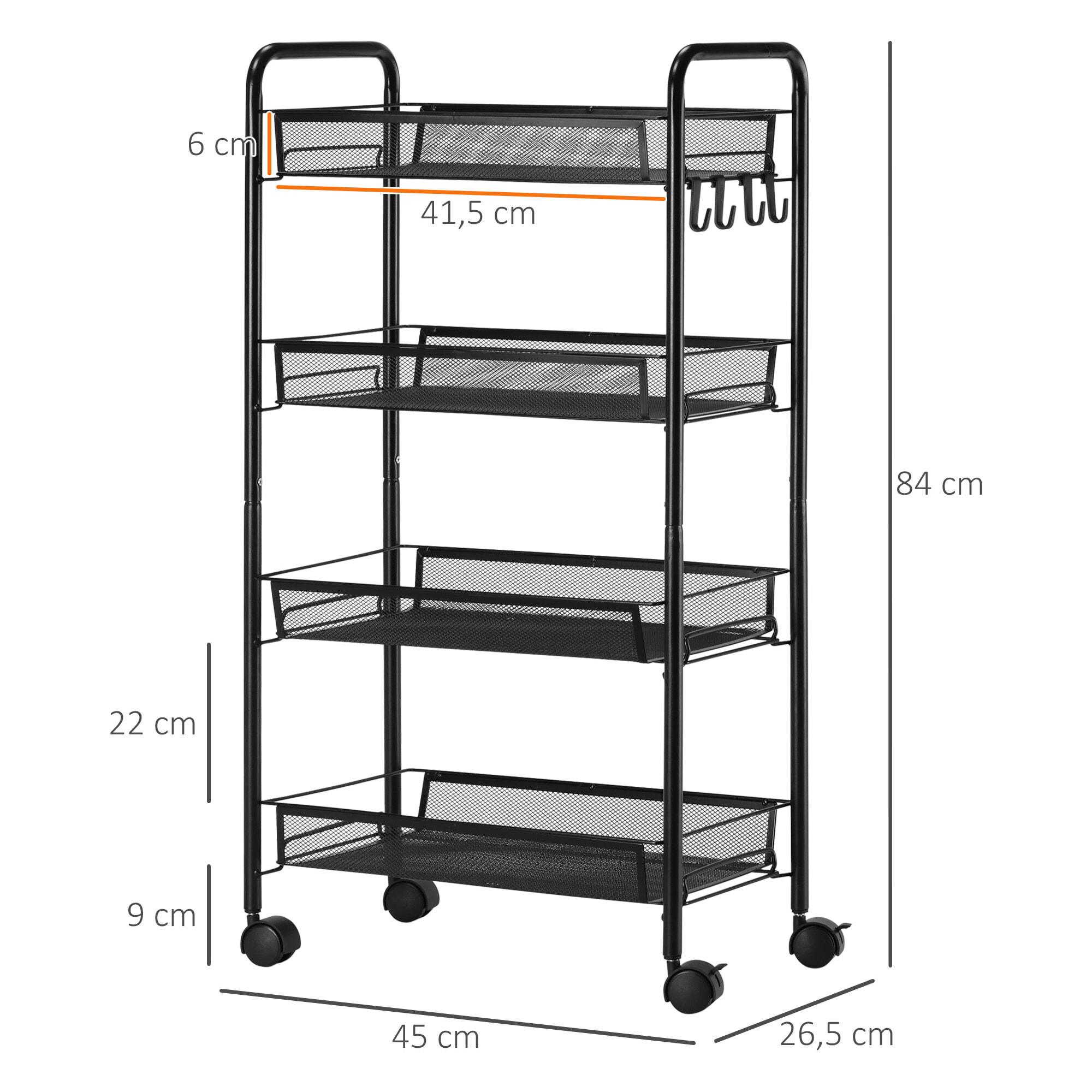 HOMCOM Carrito Auxiliar con Ruedas Carrito de Cocina de 4 Niveles Carrito de Almacenamiento con 4 Ganchos Carga 12 kg para Comedor Sala Baño 45x26,5x84 cm Negro